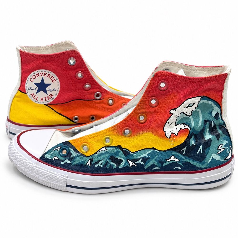 Converse Chuck Taylor All Star Custom Hand Painted Great Wave High Tops Women 8
